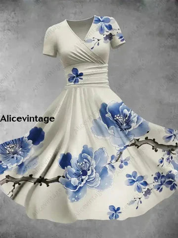Alice™ | Vintage Blommig Maxi Klänning med V-ringning