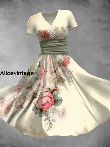 Alice™ | Vintage Blommig Maxi Klänning med V-ringning