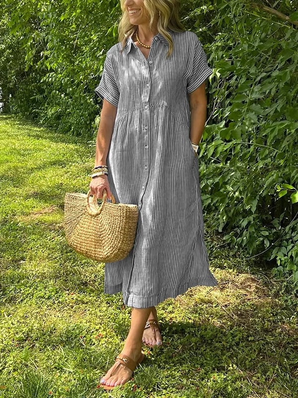 Astrid™ | Elegant randig skjortklänning med knappslå och krage